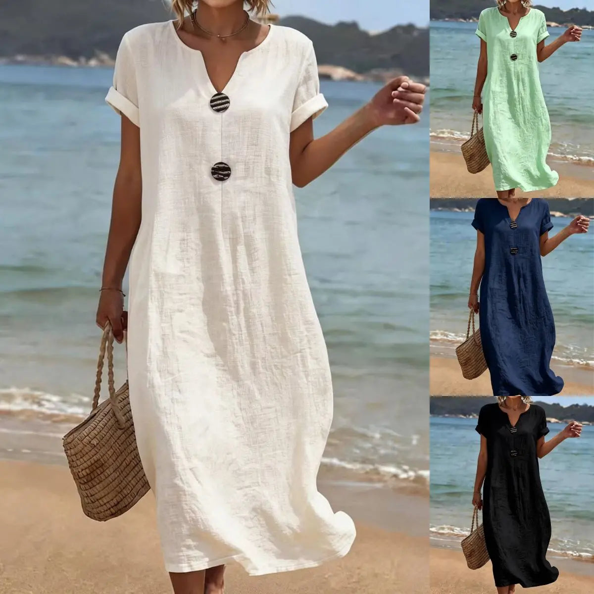 (Último día, 50% de descuento) Vestido holgado de algodón y lino, ligero y transpirable, elegante y cómodo.