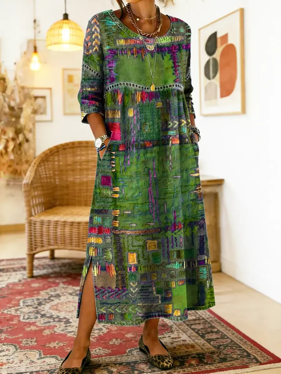 💟【S-5XL】Vestido de mujer de algodón puro, estampado étnico, patchwork, ribete de encaje