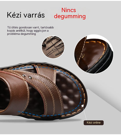 🐂【38-47】Új férfi alkalmi strandcipő, valódi bőr, lélegző vastag talp