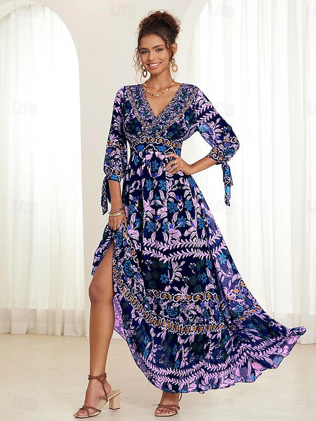 💟【S-5XL】👗Vestido largo con cuello en V y volantes florales para mujer,  estilo bohemio para vacaciones_4240764