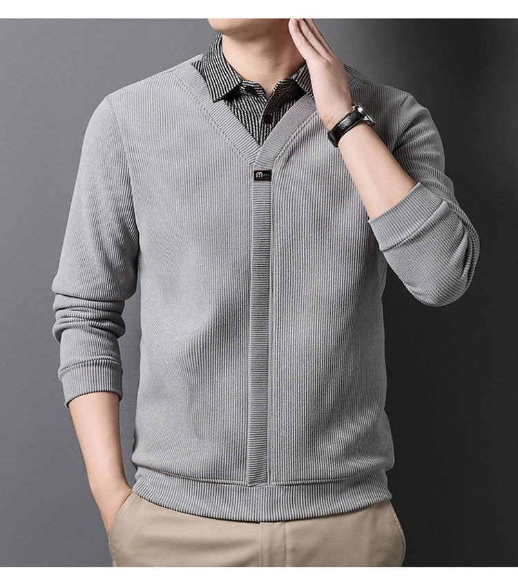 [Odlična ponudba] Nov moški dvodelni zimski komplet puloverja in majice s kratkimi rokavi, ovratnik iz umetnega flisa, odebeljen in topel