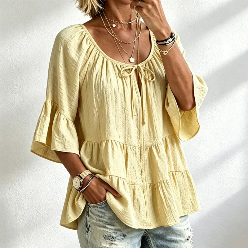🌺🚶‍♀️Elegantní damská halenka s volánky a stahovací šňůrkou u výstřihu, tříčtvrteční zvonové rukávy, texturovaná košile v boho-chic stylu, ležérní peplum vzor