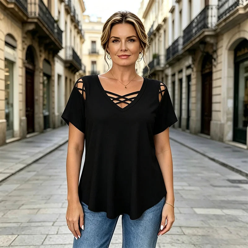 ✨👚 【S-5XL】Majica iz 100 % bombaža z V-izrezom, križnim vzorcem in odrezanim krojem, elegantna in zračna