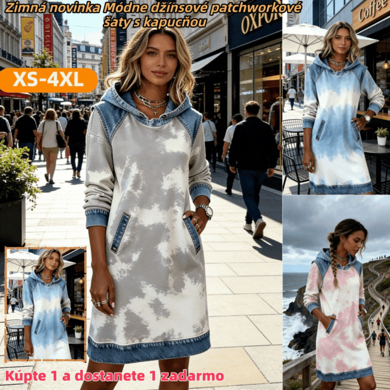 🌷🌞【XS-4XL】Nowa zimowa sukienka z kapturem w stylu denim patchwork 4213327