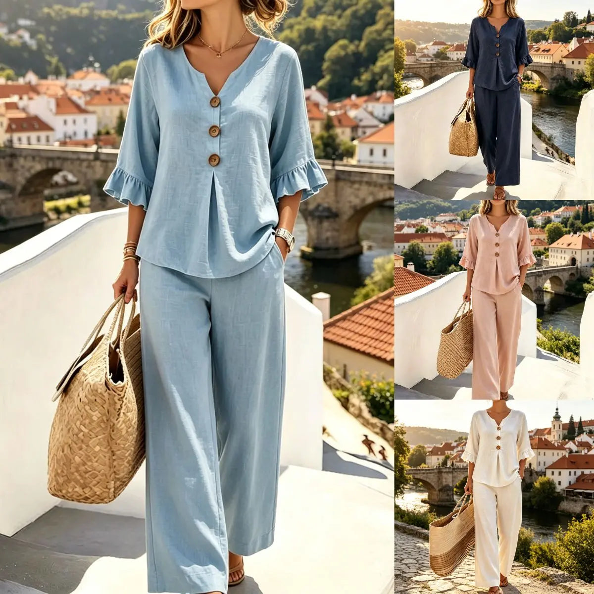 ✨【S–3XL】Elegantní set s výstřihem do V z bavlny a lnu, přiléhavý střih, pohodlný, prodyšný a stylový pro každou příležitost ✅ Možnost platby při převzetí