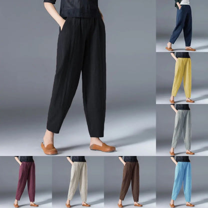 🌿🌿【50 % popust 🔥】【S–5XL】Ženske ohlapne široke hlače iz bombaža in lana v velikih velikostih
