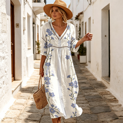 👗【S-3XL】2026 Új Divatos Nyári V-nyakú Mintás Lélegző Hosszú Ruha