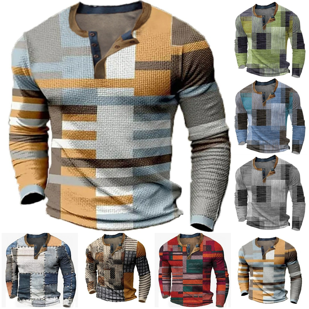 🌴🌈【S-4XL】👔😍 Nueva colección de camisas para hombre con estampado, de manga larga, estilo relajado Henry, disponibles en varios colores.