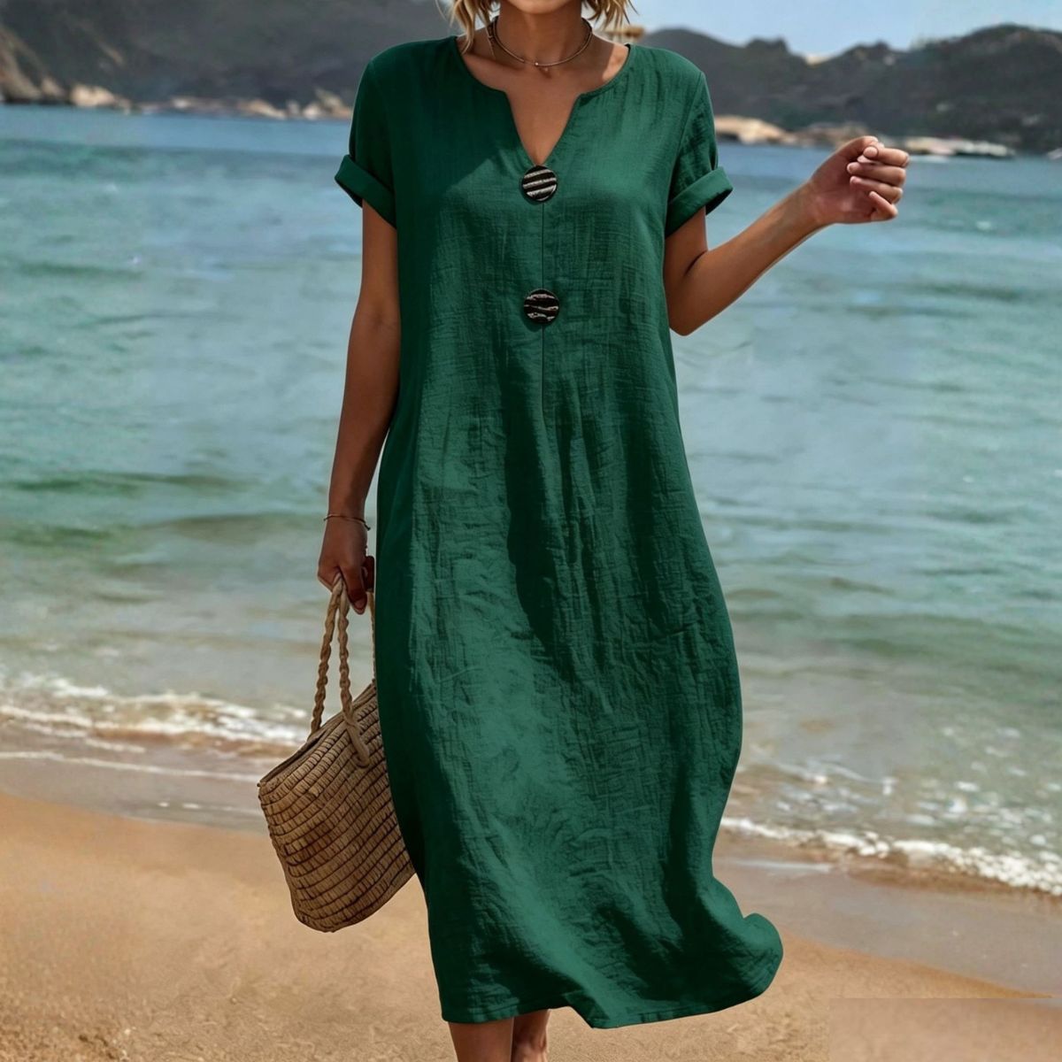 (Último día, 50% de descuento) Vestido holgado de algodón y lino, ligero y transpirable, elegante y cómodo.