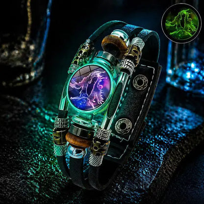 🌙 Pulsera de Cuero Zodiacal Luminiscente – Trenzado de 3 Capas, Longitud Ajustable, Unisex 💫✨