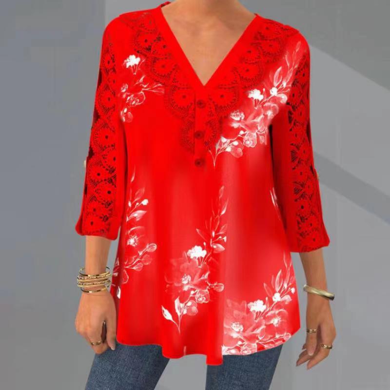🔥【S–5XL】Elegantní blůza z krajky a šifonu – s výstřihem, 3/4 rukávy a výstřihem do V