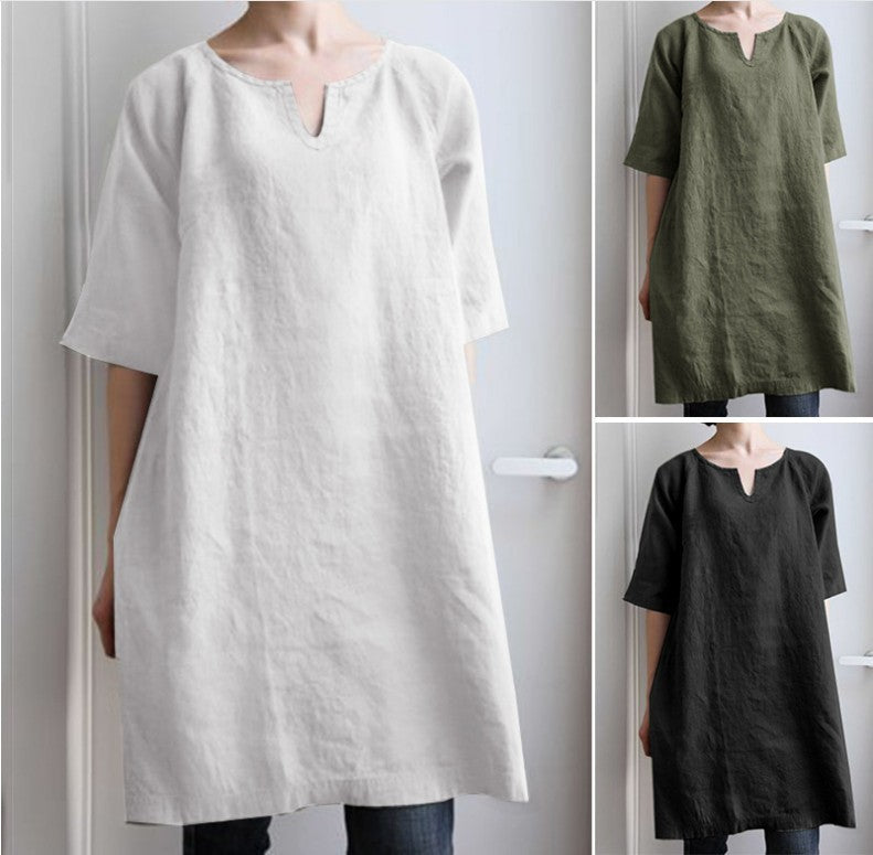 ✨【S–3XL】Dámské volné šaty z bavlny a lnu, s malým výstřihem do V, prodyšné, měkké a pohodlné na nošení