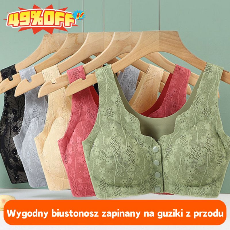 😍【3sztuk】【40-100KG】Damski, bezprzewodowy, koronkowy biustonosz zapinany z przodu