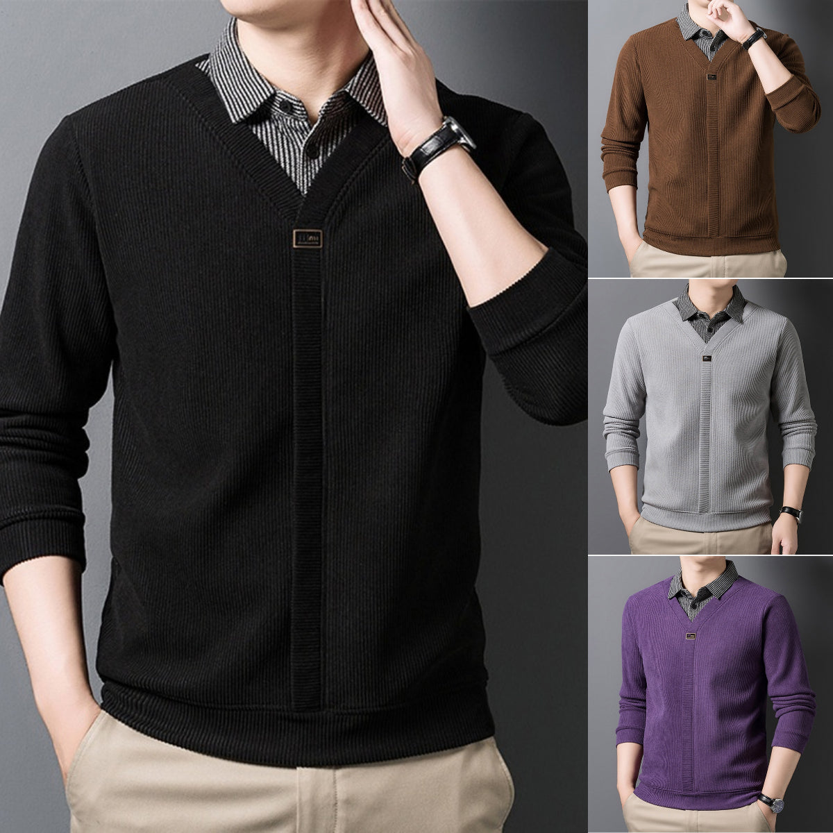 [Odlična ponudba] Nov moški dvodelni zimski komplet puloverja in majice s kratkimi rokavi, ovratnik iz umetnega flisa, odebeljen in topel