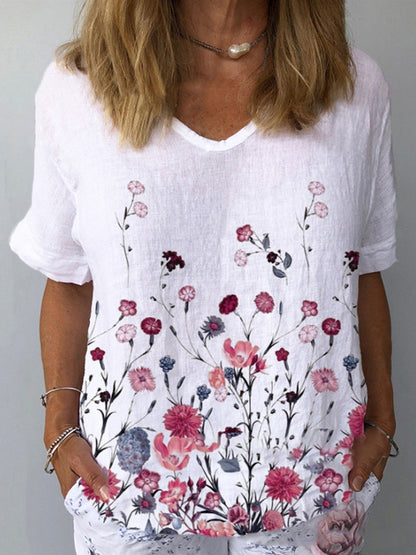 🔥【S-5XL】🌈Camiseta de manga corta de lino y algodón con estampado floral💐_4240731