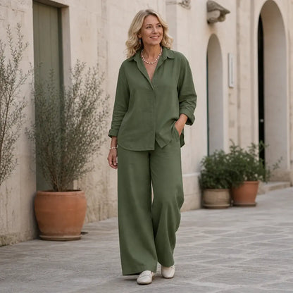 🔥🎉【Top + Kalhoty】【S-5XL】Nový moderní ležérní jednobarevný dámský košilový set