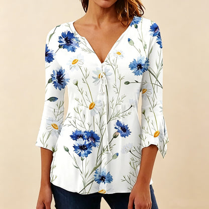 👚【S–5XL】Nový top s výstřihem do V a potiskem, přiléhavý, univerzální, prodyšný a pohodlný