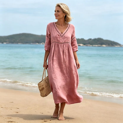 👗【S-3XL】Letní módní bavlněno-lněné šaty s výstřihem do V, prodyšné, pohodlné a zeštíhlující