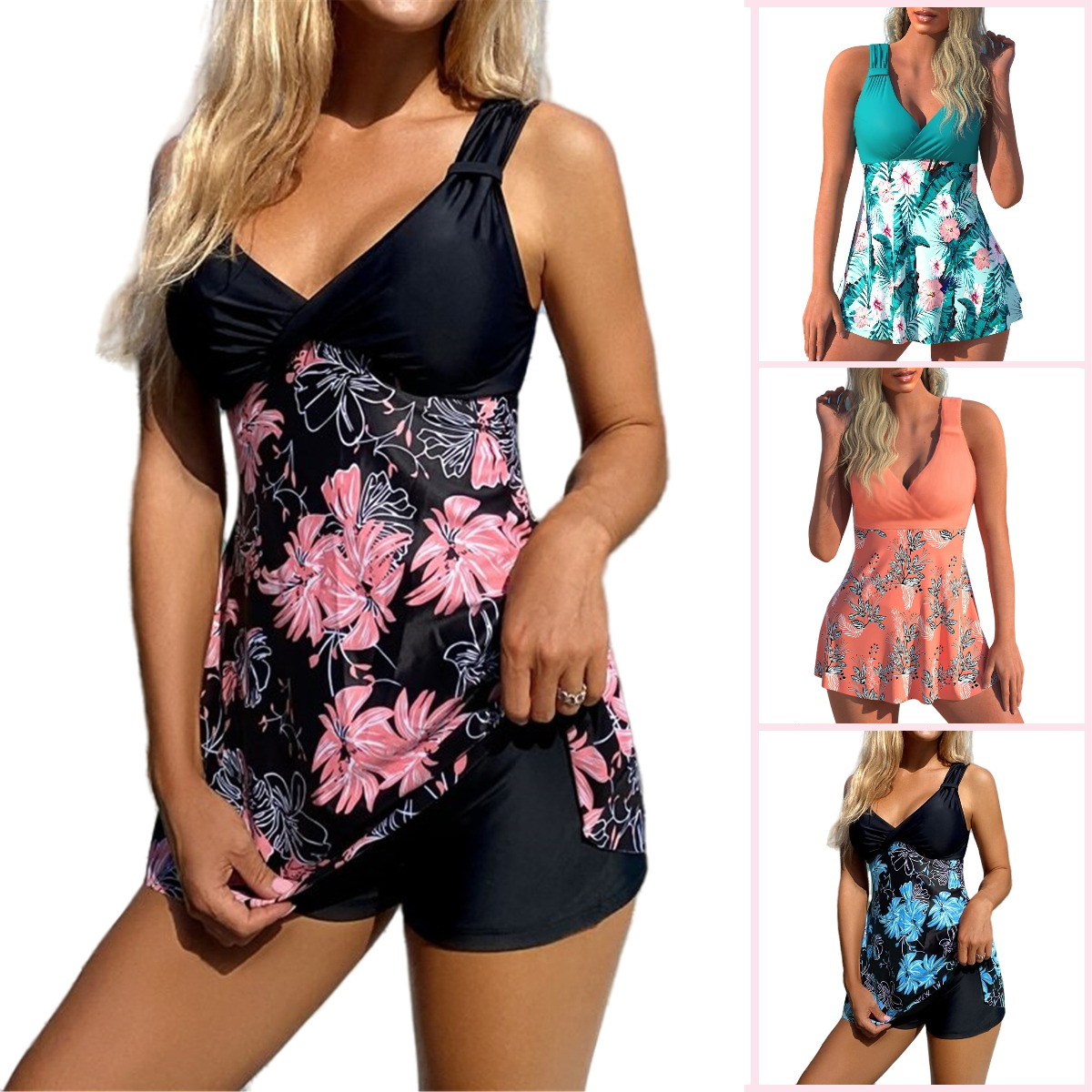 🌴🏖️【Utolsó nap – 50% kedvezmény🔥】【S-5XL】Új, nagy méretű mintás fürdőruha szett rövidnadrággal, hátsó hasítékkal, gyorsan száradó anyagból