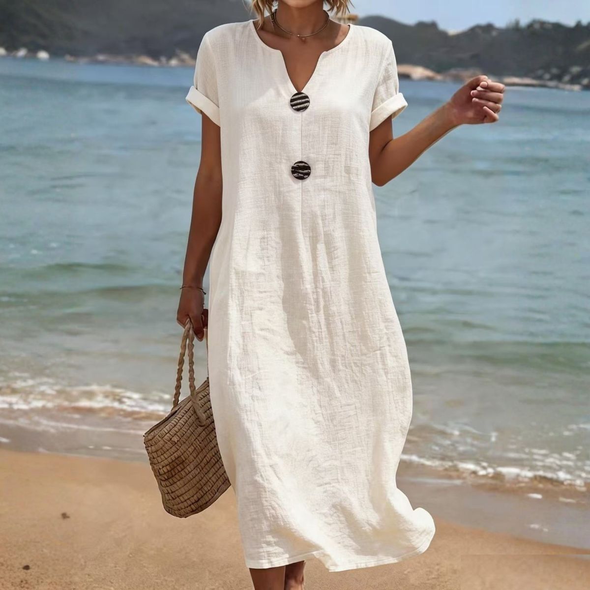 (Último día, 50% de descuento) Vestido holgado de algodón y lino, ligero y transpirable, elegante y cómodo.