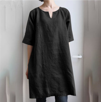 ✨【S–3XL】Dámské volné šaty z bavlny a lnu, s malým výstřihem do V, prodyšné, měkké a pohodlné na nošení