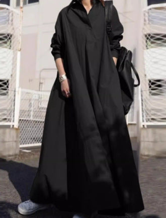 🔥😍Časově omezená nabídka💃👗Volné košilové šaty pro větší velikosti, límec s rolákovým límcem, dlouhé rukávy a splývavá sukně na zem. 4224552