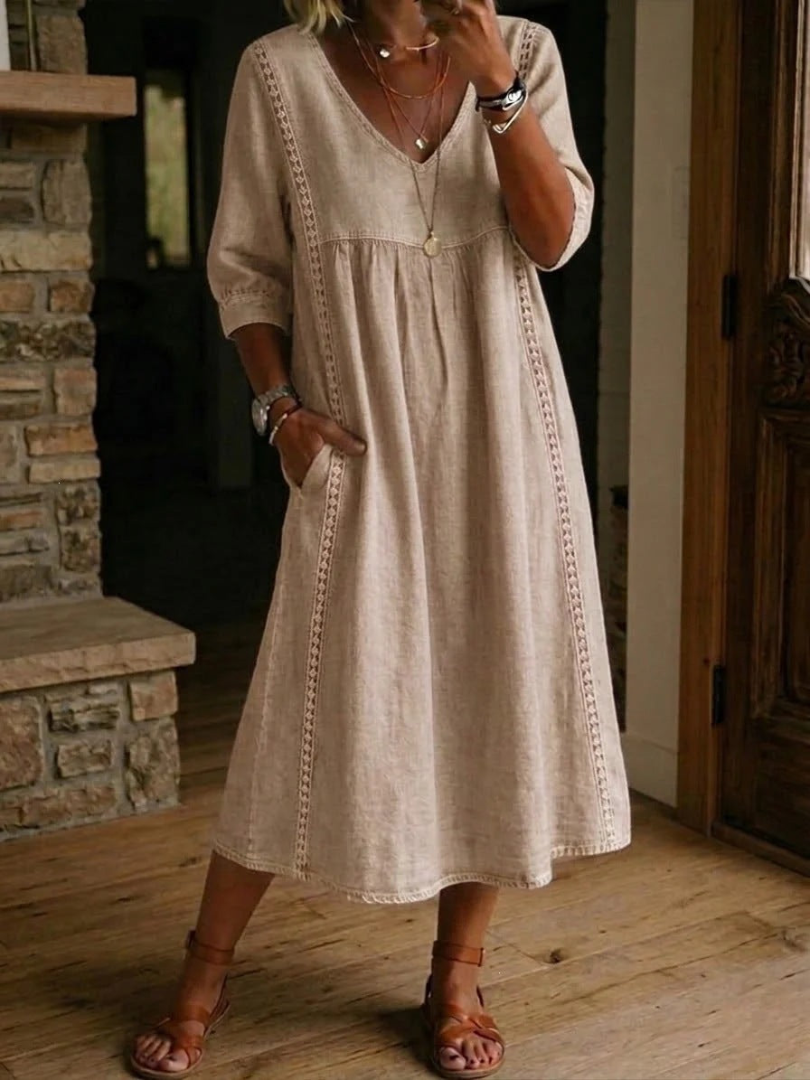 ✨ ¡Último día de rebajas del 50%! 【S-3XL】Nuevo vestido de verano de algodón y lino de largo medio: diseño con escote en V, holgado y favorecedor, transpirable y cómodo.