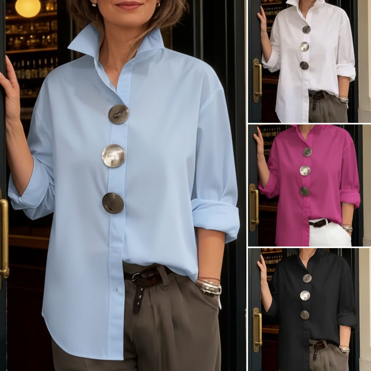 Elegancka ⏰ Nowość 2026 🤩 Stylowa i elegancka ❤️ 👉 【S-3XL】Koszula z mieszanki bawełny i lnu, kołnierzyk stójkowy, metalowe guziki