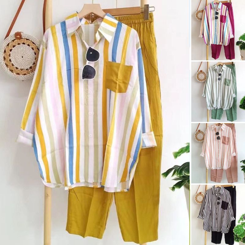 ✨🌺【S-5XL】Nová letní módní ležérní souprava (pruhovaná košile s potiskem + kalhoty)