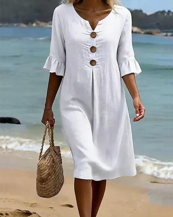 ✨【S-3XL】Vestido de mujer de algodón y lino con mangas abullonadas y botones