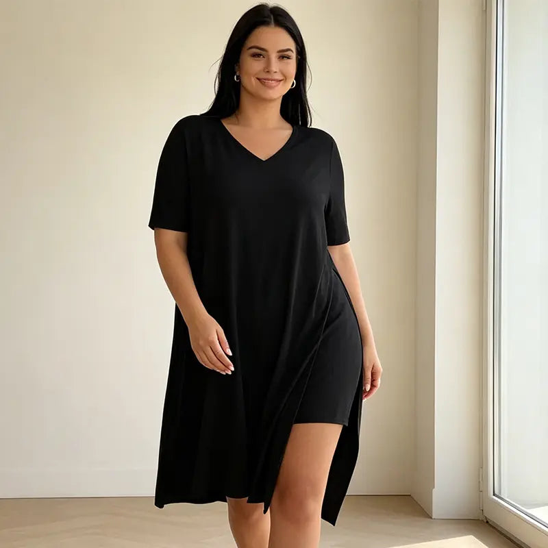 🌿 Letní set pro ženy v nadměrných velikostech - dlouhé tričko s bočními rozparky + kraťasy 👗 Měkký, pružný a prodyšný materiál, maximální pohodlí po celý den! ✨