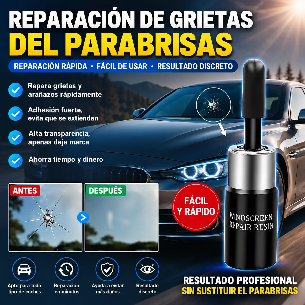 🚗【Kit de 3 piezas】Resina reparadora de parabrisas para pequeñas grietas e impactos en el cristal
