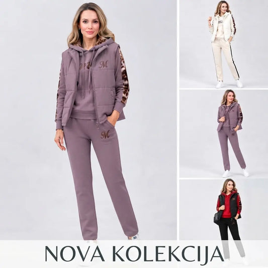 🔥💥 【M-3XL】Ženski komplet večjih velikosti, podložen s flisom, moden in topel – dolge hlače + jopica s kapuco + telovnik