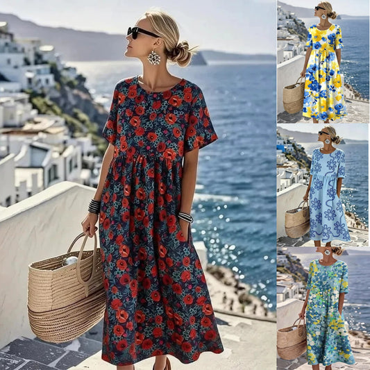 👗🌺【S-4XL】Letní ležérní tištěné šaty 2026, kulatý výstřih, s kapsami - možnost platby při doručení