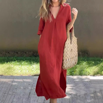 🌿💃 50% de descuento 🔥【40-100 kg】Vestido largo de lino para verano, escote en V, abertura lateral, cómodo ✅️Pago contra entrega