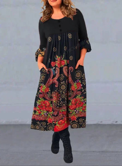 【S-5XL】👗2024 nova priložnostna obleka z dolgimi rokavi z retro tiskom za jesen in zimo