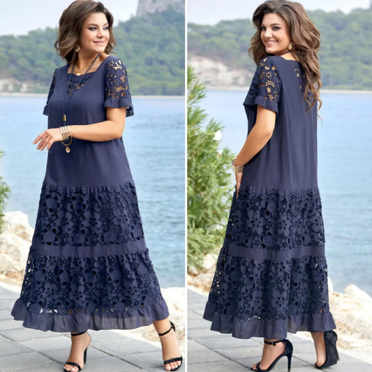 🔥💖【S-5XL】 Modna čipkasta enobarvna obleka 3676002