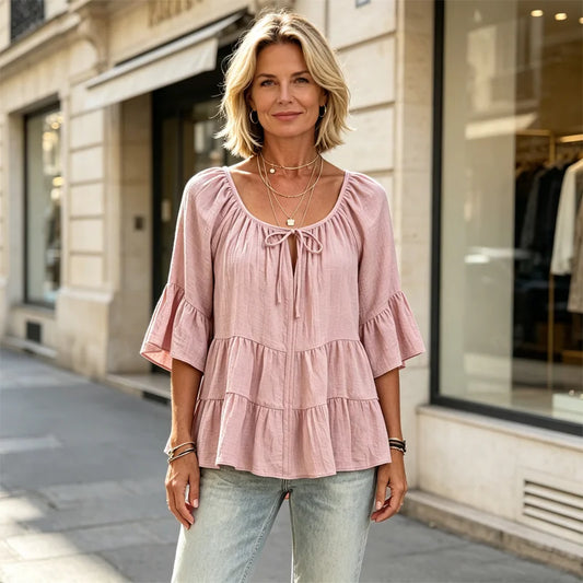 🌺🚶‍♀️Elegantní damská halenka s volánky a stahovací šňůrkou u výstřihu, tříčtvrteční zvonové rukávy, texturovaná košile v boho-chic stylu, ležérní peplum vzor