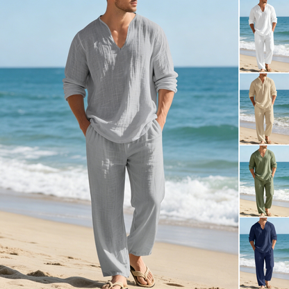🌴50% sleva🔥【Top + kalhoty】Pánský ležérní lněný oblek volného střihu s výstřihem do V na pláž. ✅️Platba na dobírku