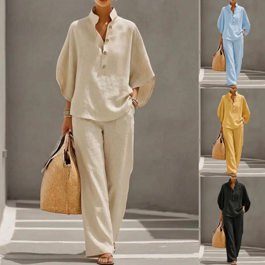 🌺✅ Letní novinka v akci【XS–5XL】Dámský volný set (top a široké kalhoty), svěží a prodyšný, módní a snadno kombinovatelný