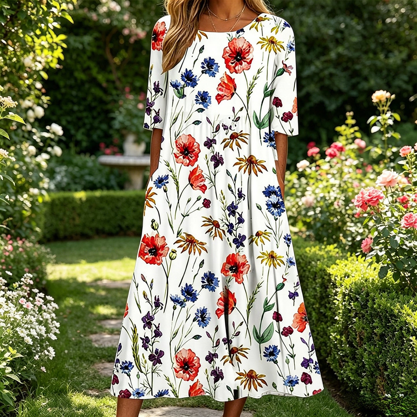 【S-5XL】🌸Kerek nyakú, rövid ujjú maxi ruha, retró bohém mintával, laza és kényelmes.
