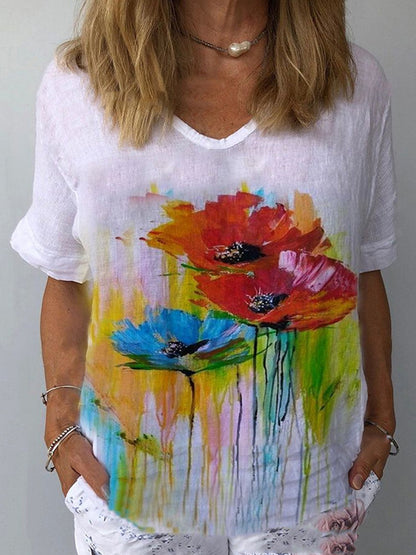 🔥【S-5XL】🌈Camiseta de manga corta de lino y algodón con estampado floral💐_4240731
