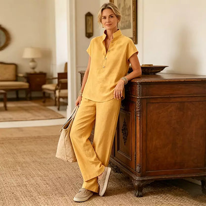 🔥【¡Oferta al 50%!!】✨Conjunto de mujer de lino y algodón: blusa de manga corta y pantalón ancho, estilo casual elegante de verano-4299443