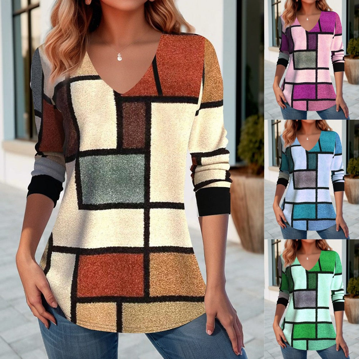 💥【S-5XL】Modna pomladna in jesenska majica z V-izrezom 3732288