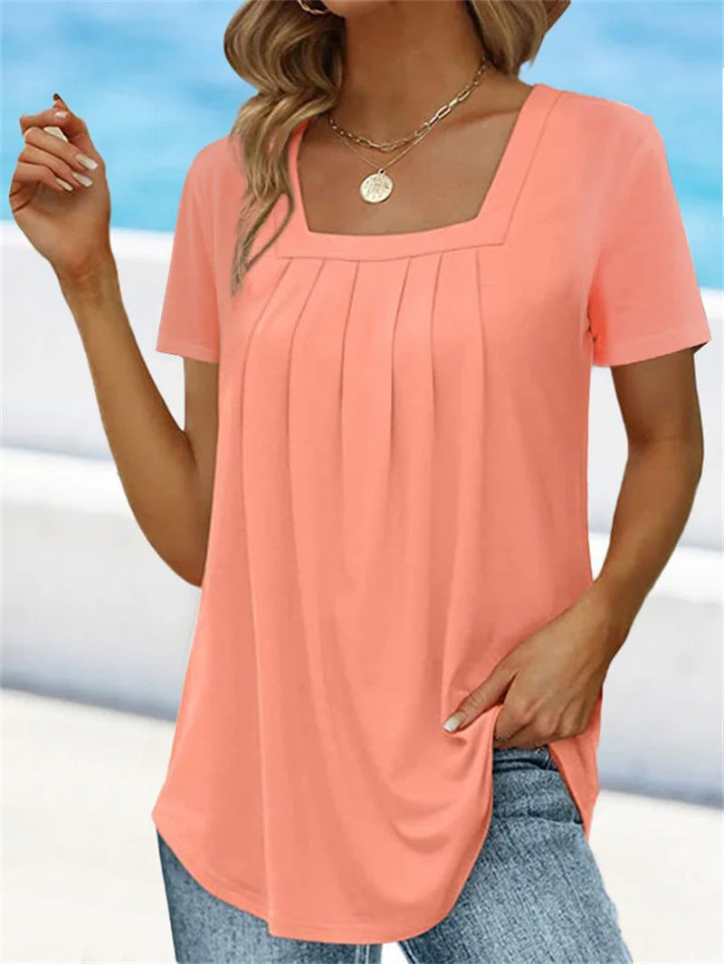 👚 【Časově omezená nabídka】【S-5XL】 ✨ Měkké a prodyšné dámské letní tričko s hranatým výstřihem, které se snadno kombinuje s doplňky.