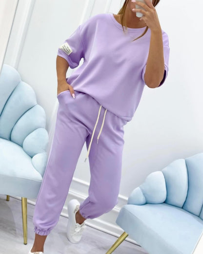 💕【S-5XL】Dámský ležérní set s jednolitým topem a kalhotami 4254106