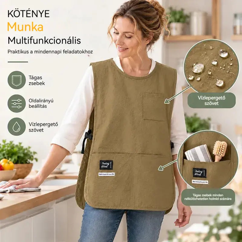 👩‍🍳✨ Vízálló és foltálló mellénykötény – tökéletes főzéshez, kézimunkához és kertészkedéshez, kényelmes állítással 🛡️