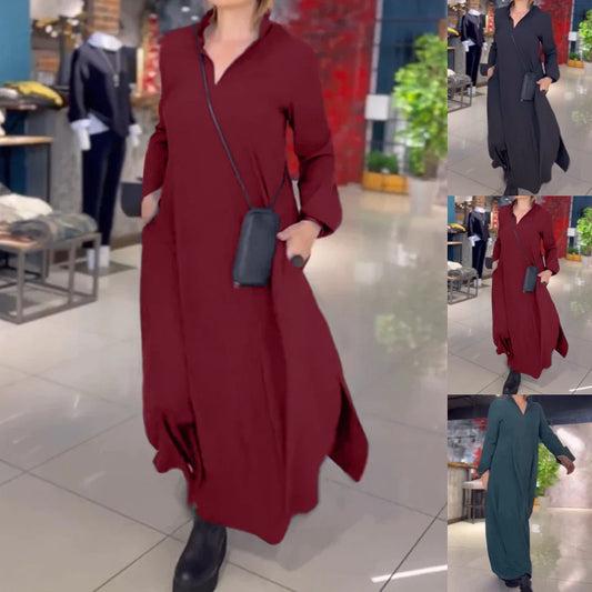🔥【Výprodej】【S-3XL】Jednobarevné ležérní šaty s výstřihem do V a dlouhým rukávem 4243203