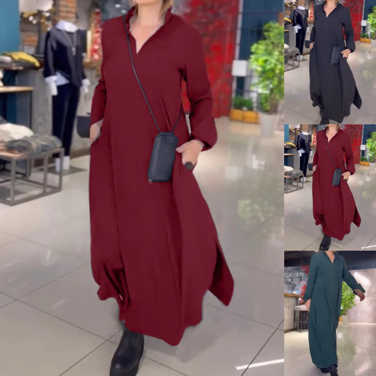 🔥【Výprodej】【S-3XL】Jednobarevné ležérní šaty s výstřihem do V a dlouhým rukávem 4243203