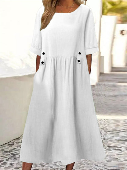 🔥🔥【50%OFF】👗👗2025 Poletna ohlapna obleka iz bombaža in lanu z okroglim izrezom in kratkimi rokavi